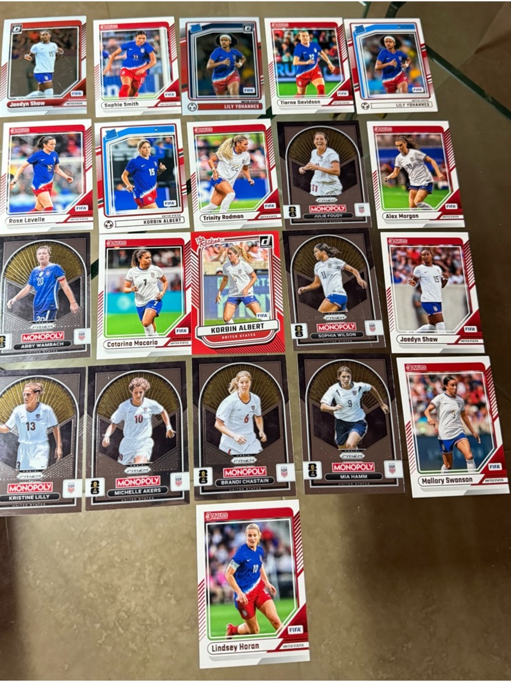 21 soccer card lot USWNT 2024 2025 2026 Optic Donruss Prizm monopoly set